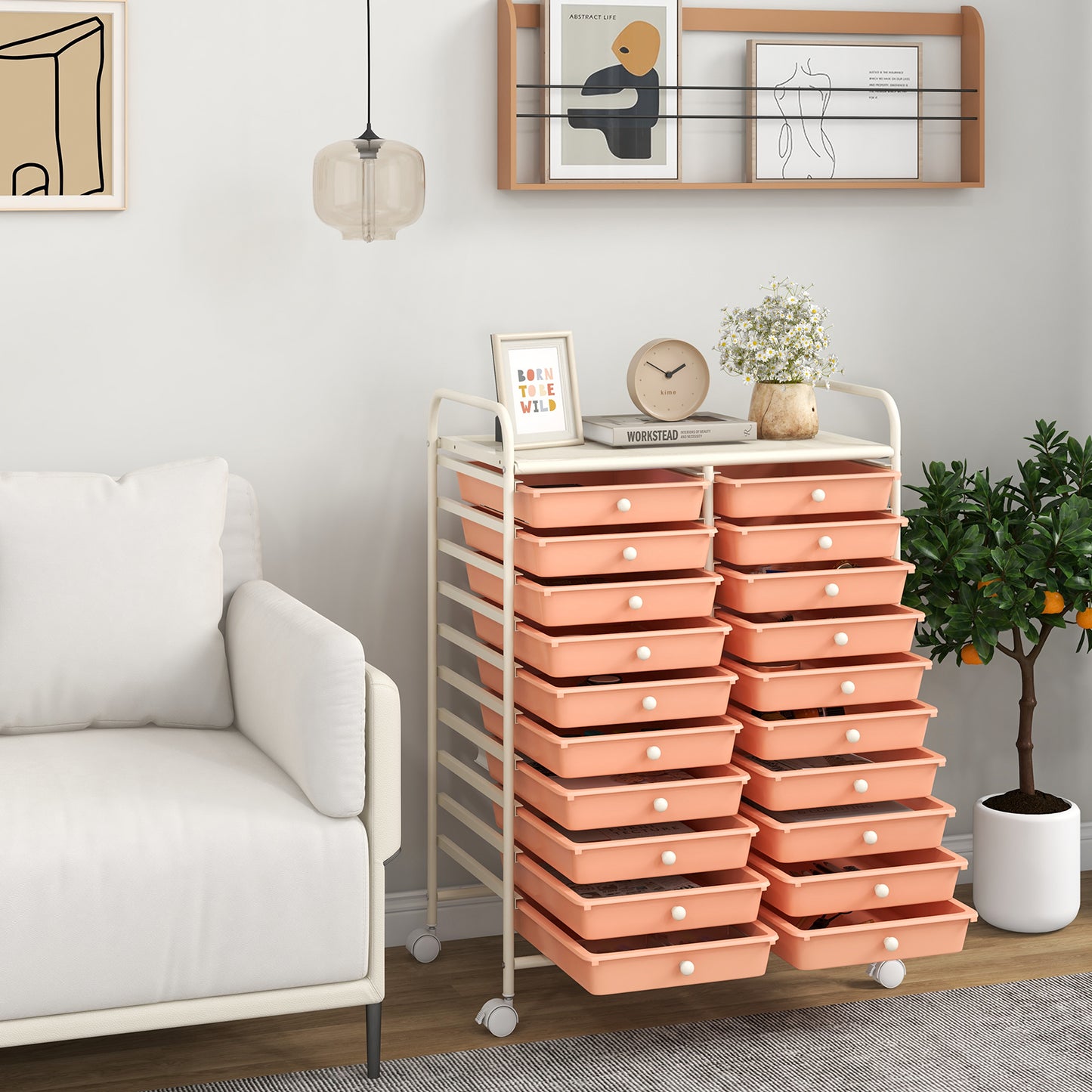 20 Drawers Rolling Storage Cart Studio Organizer, Peach File Cabinets at Gallery Canada