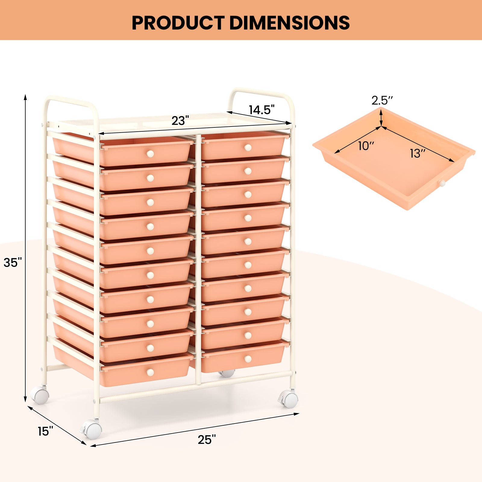 20 Drawers Rolling Storage Cart Studio Organizer, Peach File Cabinets at Gallery Canada