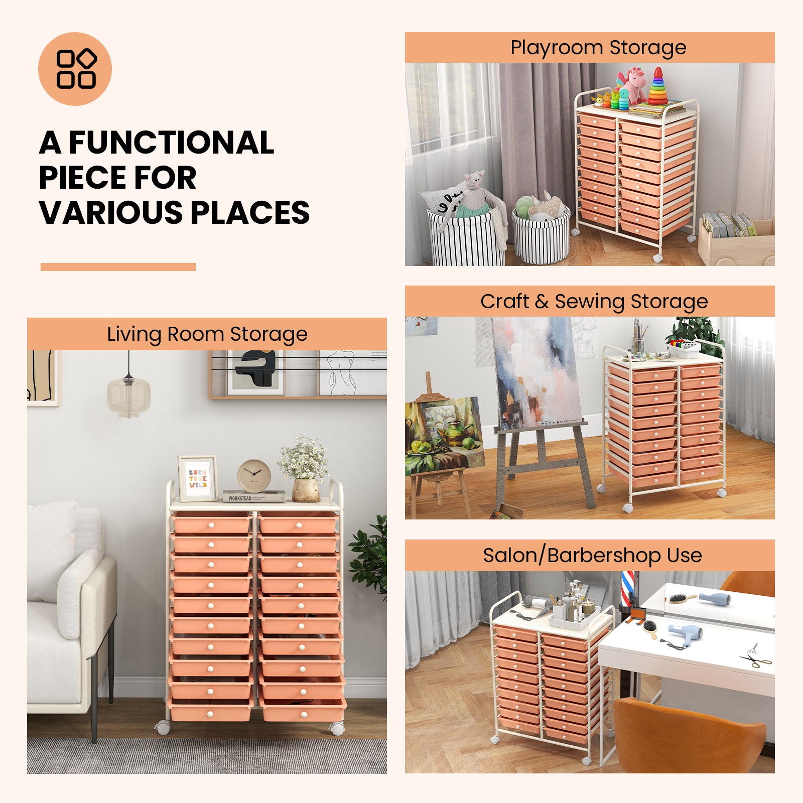 20 Drawers Rolling Storage Cart Studio Organizer, Peach File Cabinets at Gallery Canada