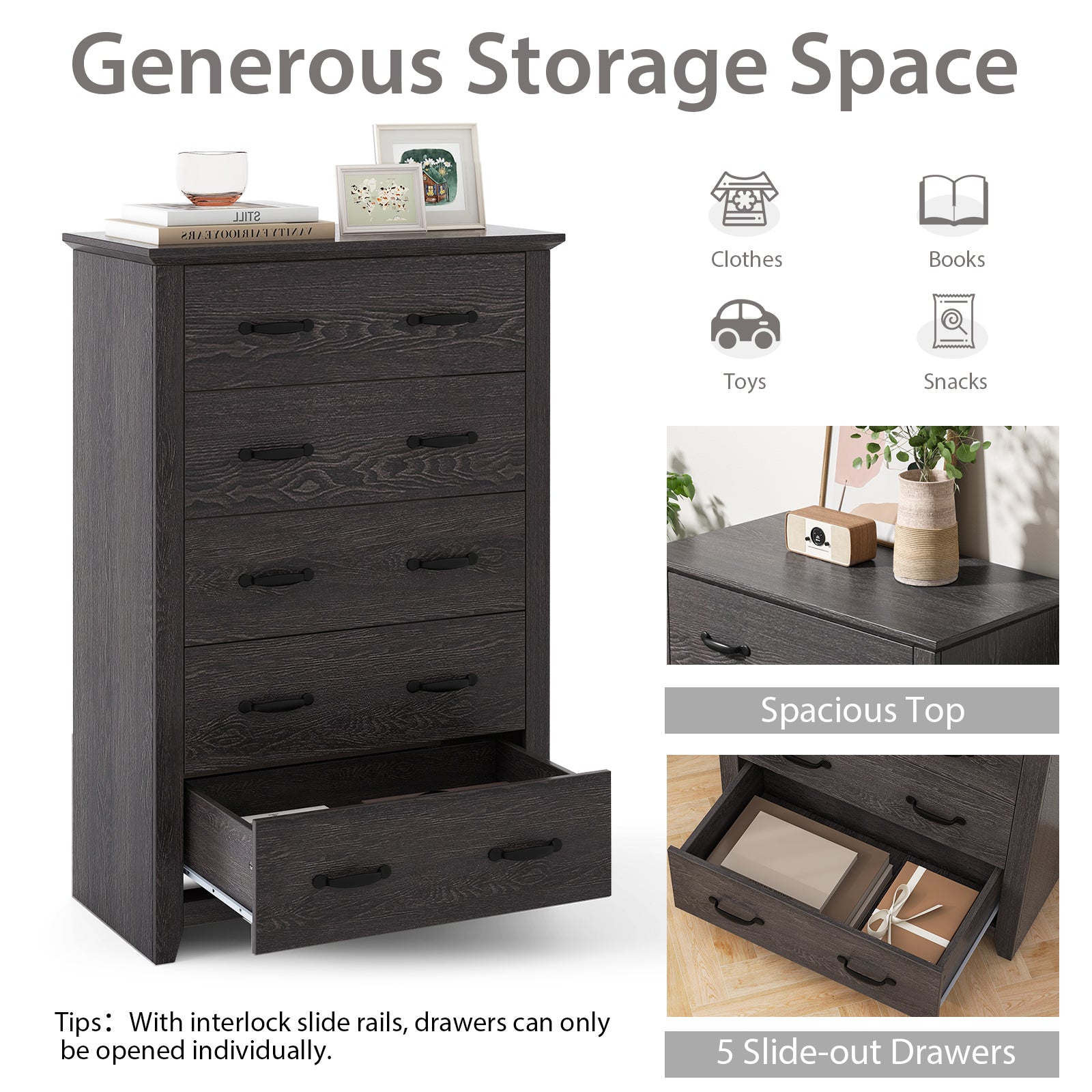 Tall Storage Dresser, 5 Pull-Out Drawers, Gray Dressers & Chests at Gallery Canada