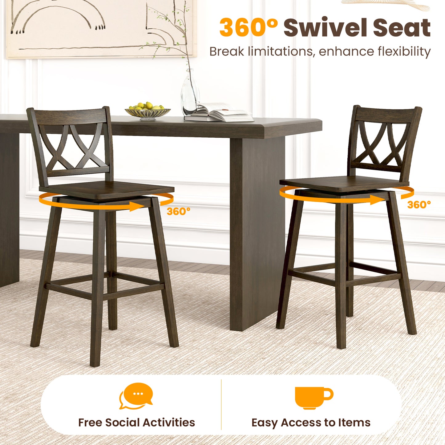 24/29 Inch Bar Stool Set of 2 Wooden Bar Chairs with Rubber Wood Frame-29 inches Bar Stools at Gallery Canada