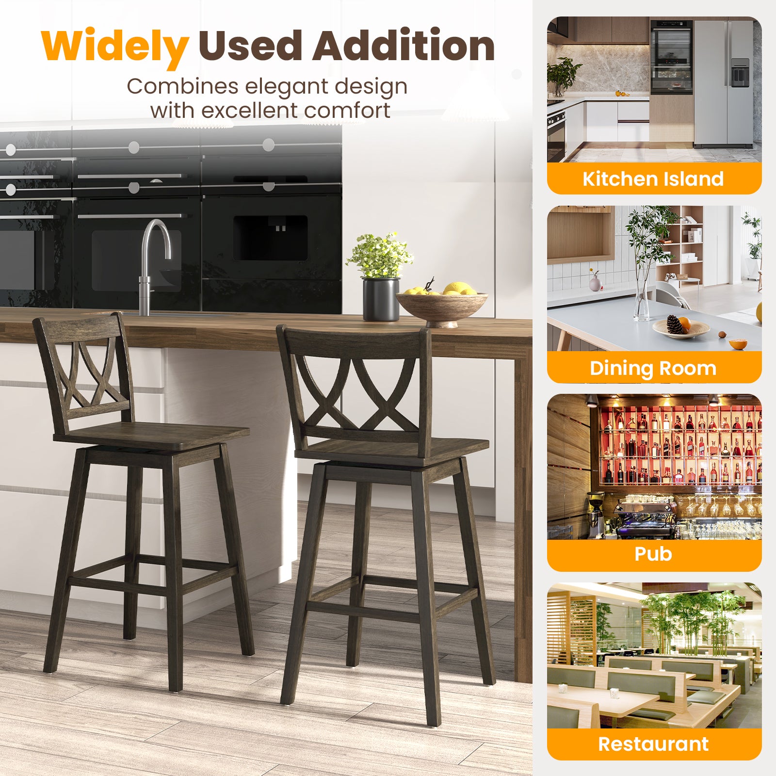 24/29 Inch Bar Stool Set of 2 Wooden Bar Chairs with Rubber Wood Frame-29 inches Bar Stools at Gallery Canada