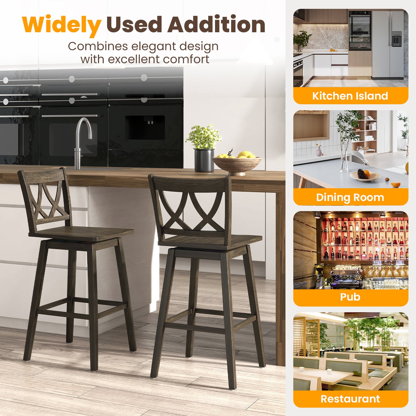 24/29 Inch Bar Stool Set of 2 Wooden Bar Chairs with Rubber Wood Frame-29 inches Bar Stools at Gallery Canada