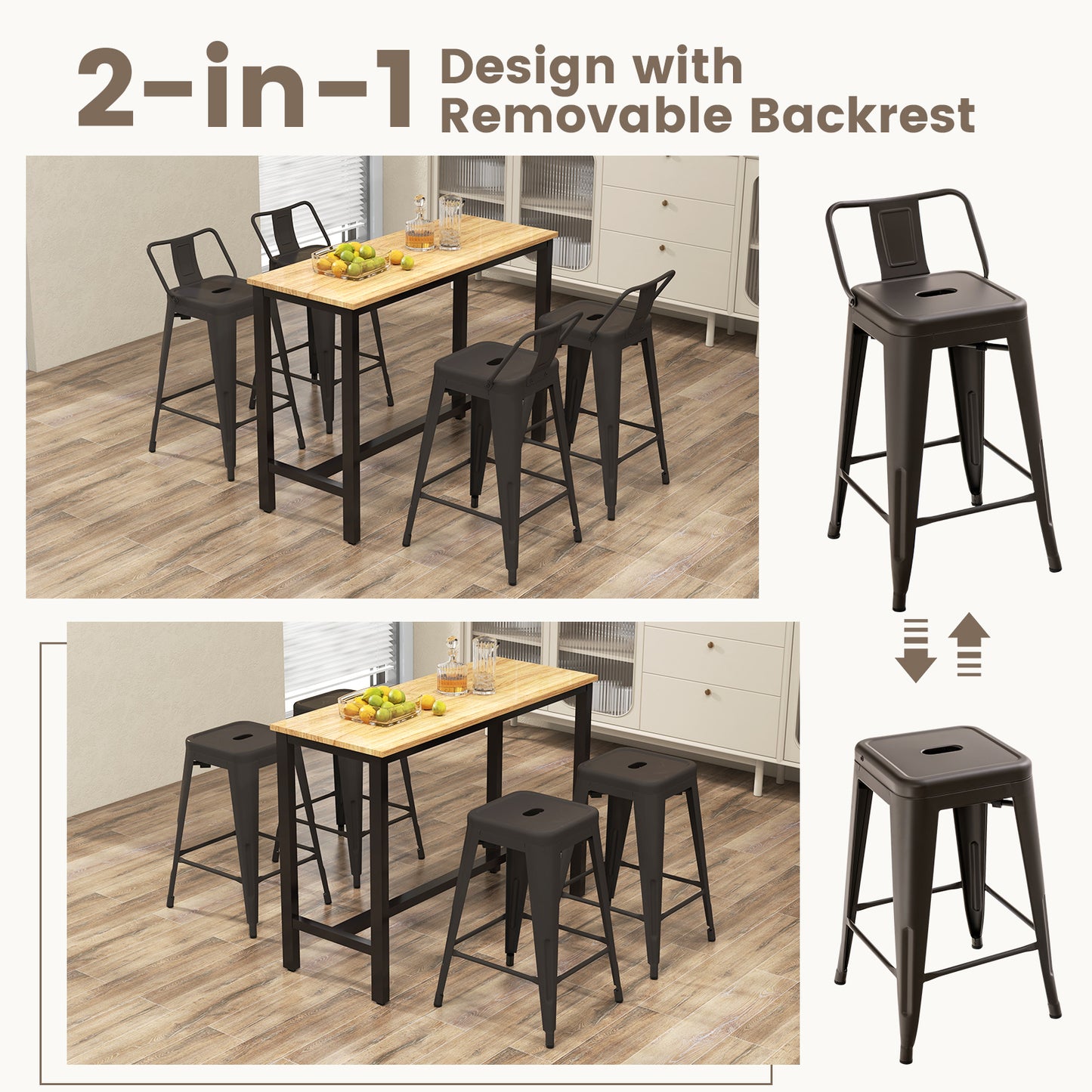 24 Inch Set of 4 Cafe Side Chairs with Rubber Feet and Removable Backs, Gun Bar Stools at Gallery Canada