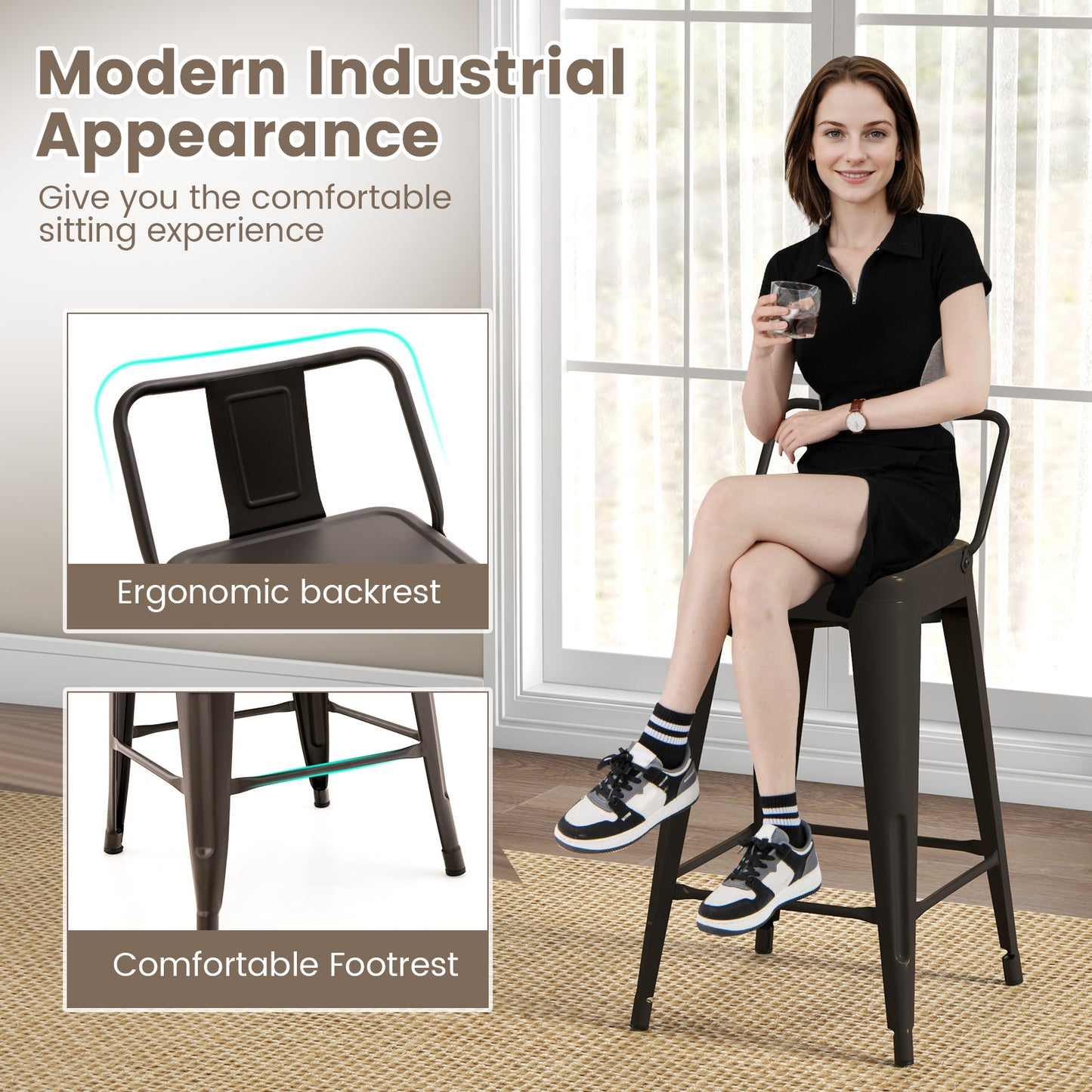 24 Inch Set of 4 Cafe Side Chairs with Rubber Feet and Removable Backs, Gun Bar Stools at Gallery Canada