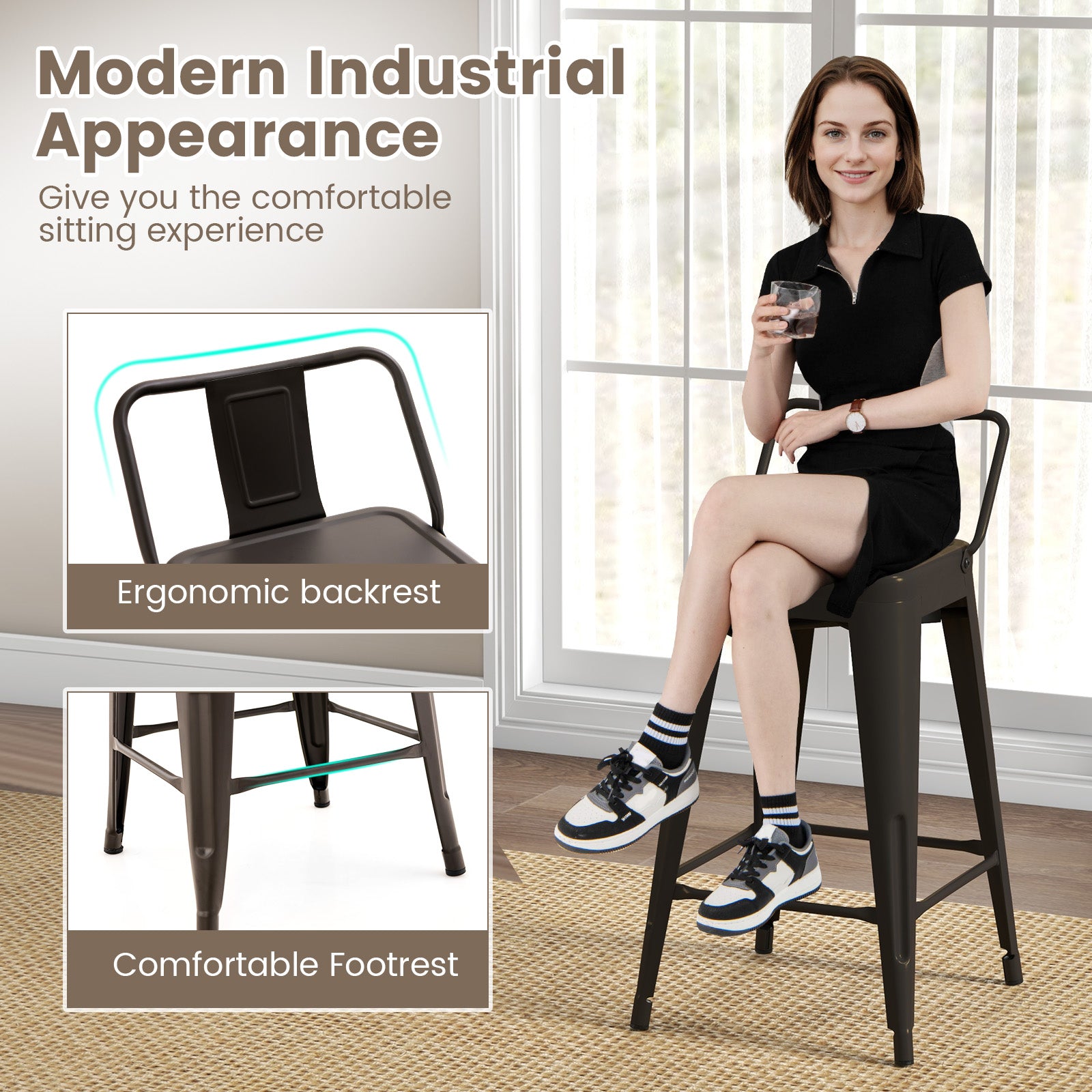 24 Inch Set of 4 Cafe Side Chairs with Rubber Feet and Removable Backs, Gun Bar Stools at Gallery Canada