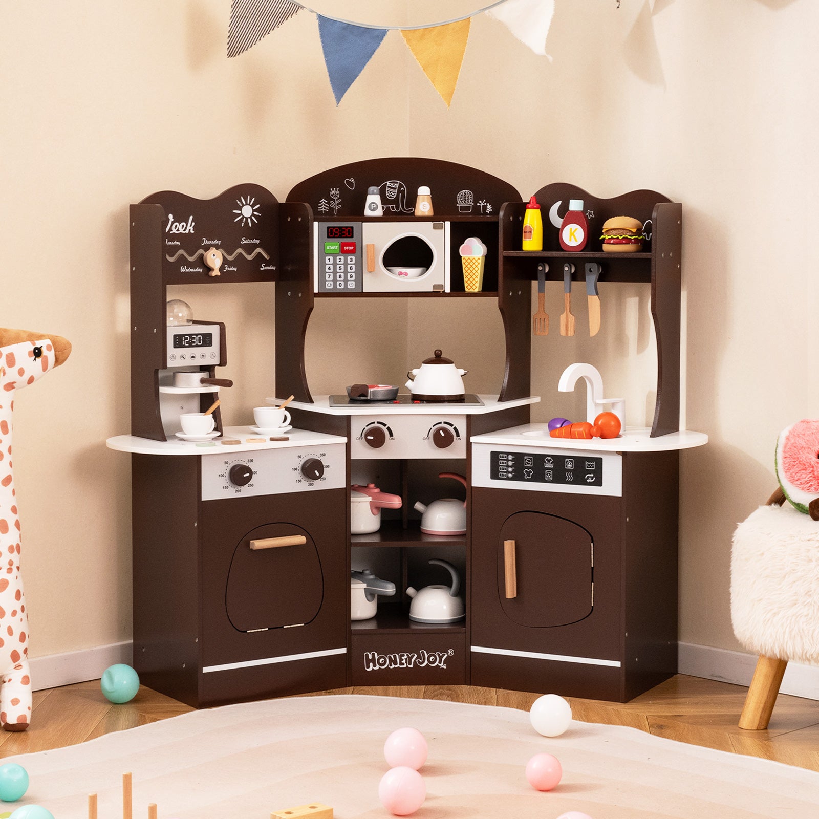 Corner Wooden Play Kitchen with Coffee Machine and Slide for Kids, Brown Play Kitchen Sets at Gallery Canada