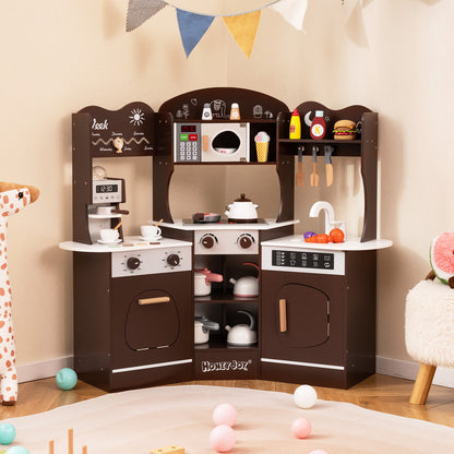 Corner Wooden Play Kitchen with Coffee Machine and Slide for Kids, Brown Play Kitchen Sets at Gallery Canada