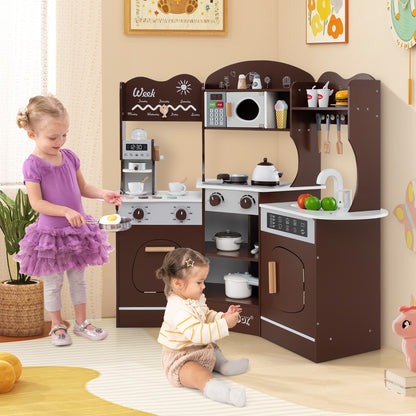 Corner Wooden Play Kitchen with Coffee Machine and Slide for Kids, Brown Play Kitchen Sets at Gallery Canada