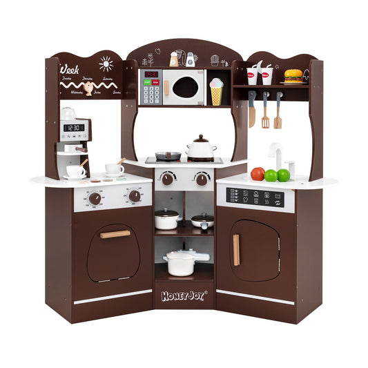 Corner Wooden Play Kitchen with Coffee Machine and Slide for Kids, Brown Play Kitchen Sets Brown at Gallery Canada