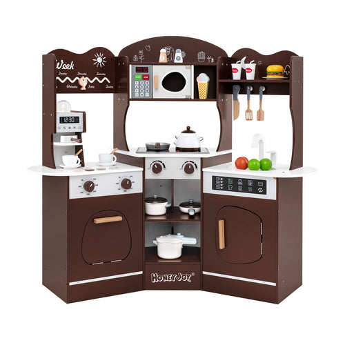 Corner Wooden Play Kitchen with Coffee Machine and Slide for Kids, Brown