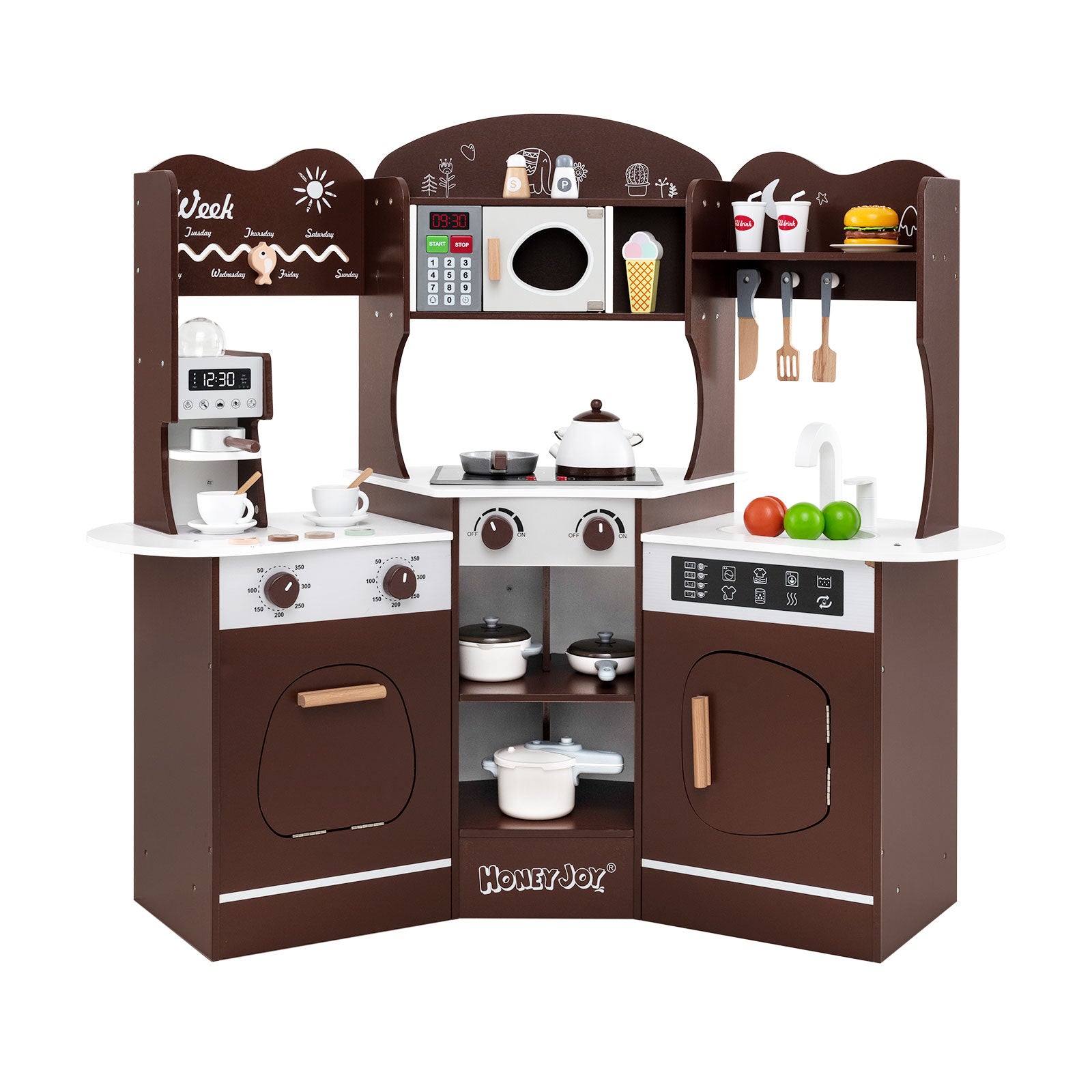 Corner Wooden Play Kitchen with Coffee Machine and Slide for Kids, Brown Play Kitchen Sets at Gallery Canada