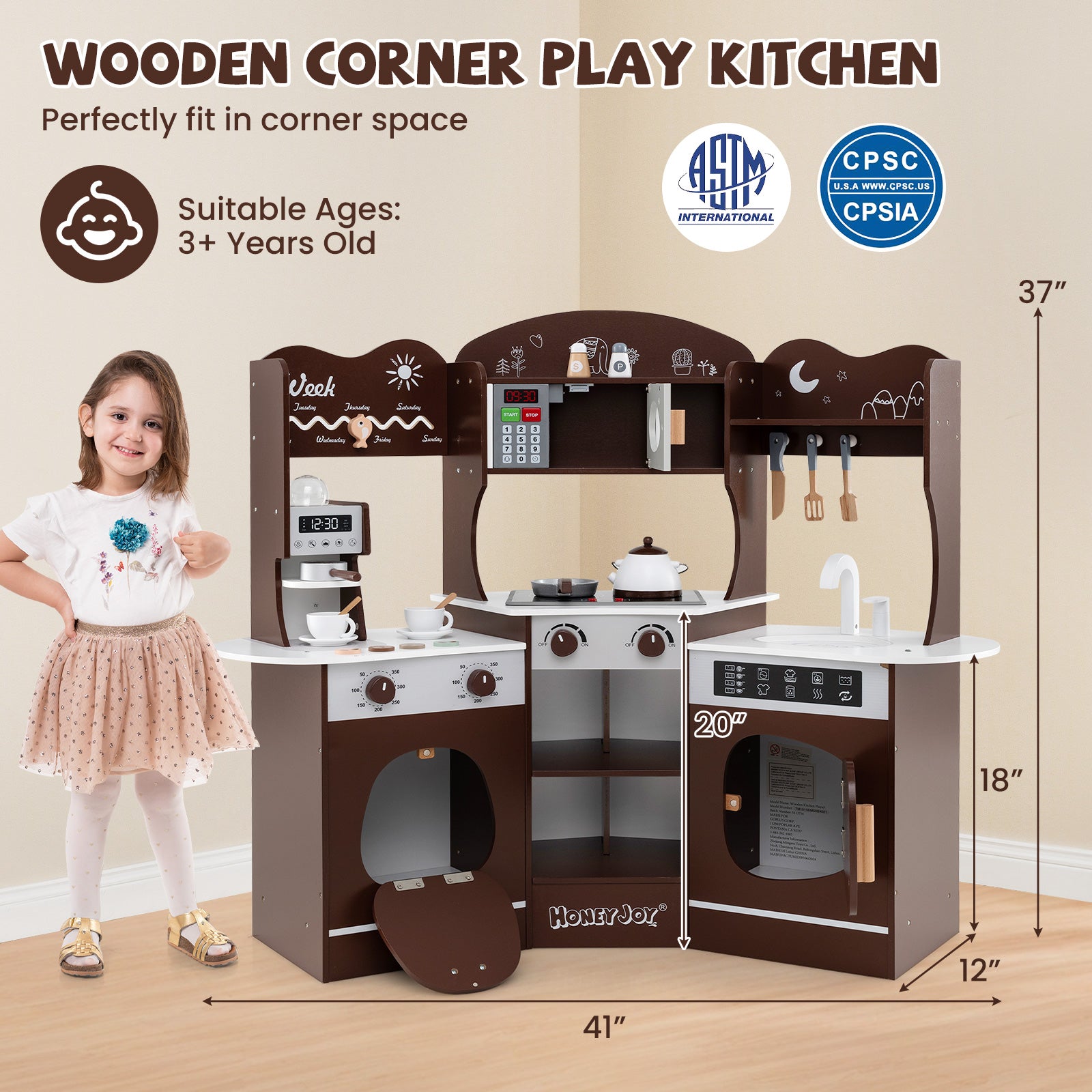 Corner Wooden Play Kitchen with Coffee Machine and Slide for Kids, Brown Play Kitchen Sets at Gallery Canada