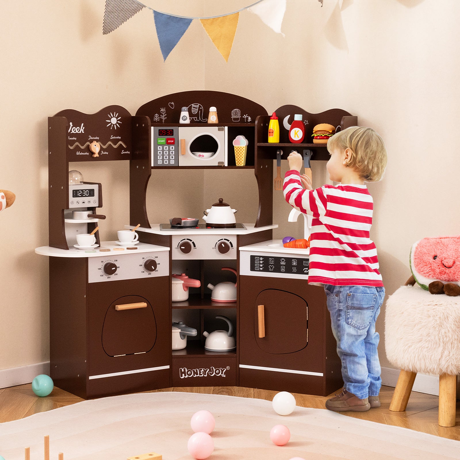Corner Wooden Play Kitchen with Coffee Machine and Slide for Kids, Brown Play Kitchen Sets at Gallery Canada