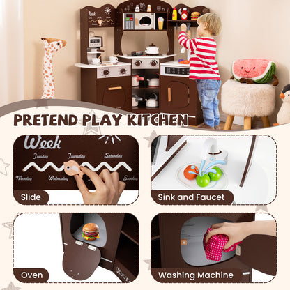 Corner Wooden Play Kitchen with Coffee Machine and Slide for Kids, Brown Play Kitchen Sets at Gallery Canada