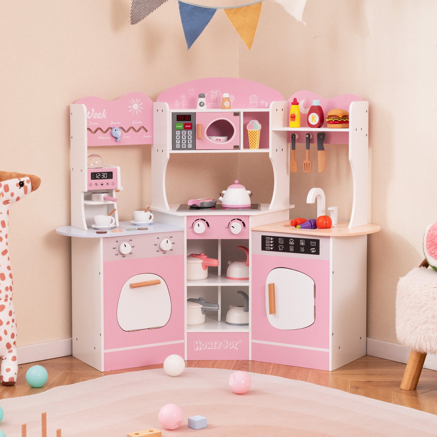 Corner Wooden Play Kitchen with Coffee Machine and Slide for Kids, Pink Play Kitchen Sets at Gallery Canada