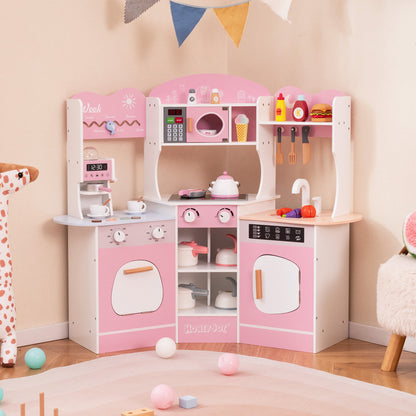 Corner Wooden Play Kitchen with Coffee Machine and Slide for Kids, Pink Play Kitchen Sets at Gallery Canada