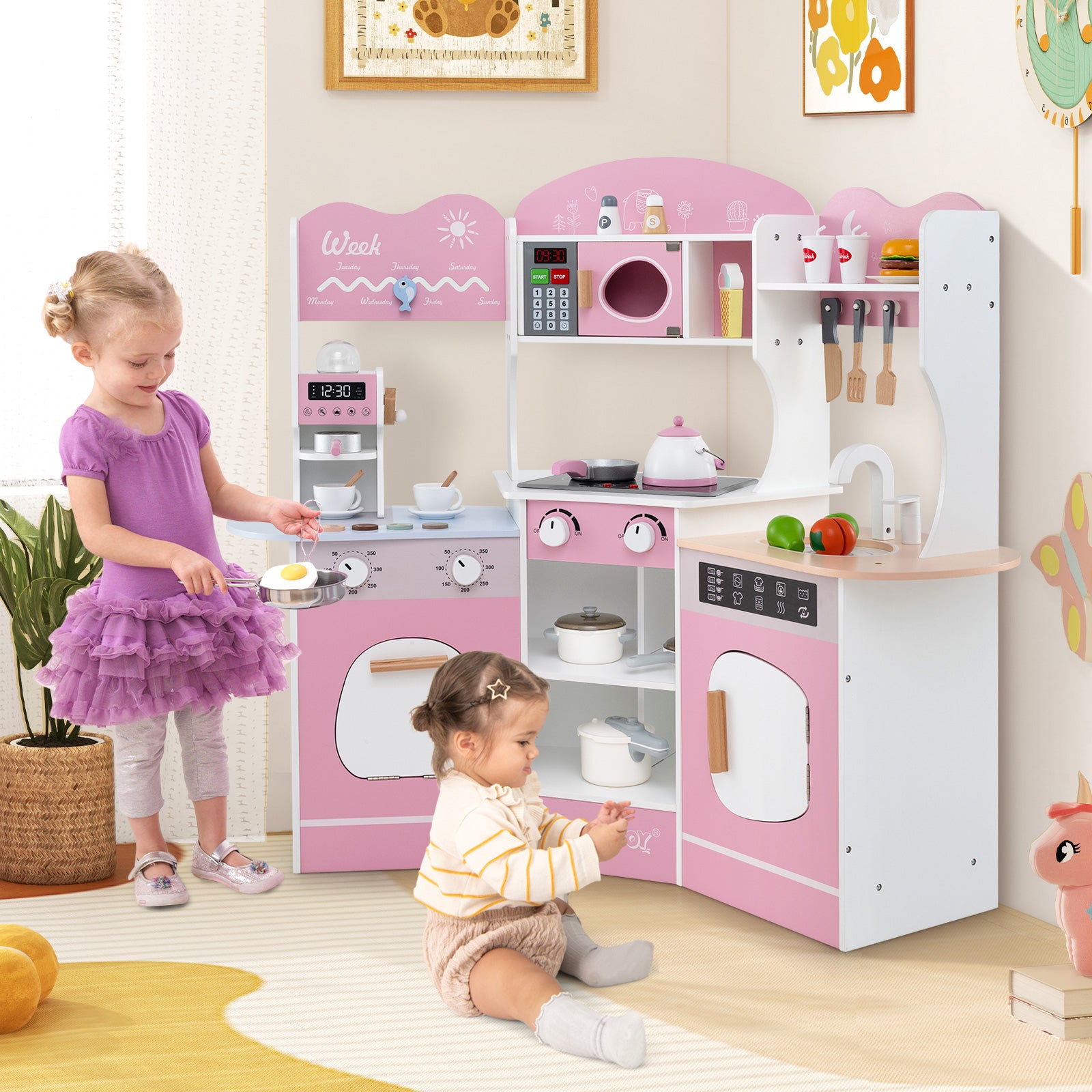 Corner Wooden Play Kitchen with Coffee Machine and Slide for Kids, Pink Play Kitchen Sets at Gallery Canada