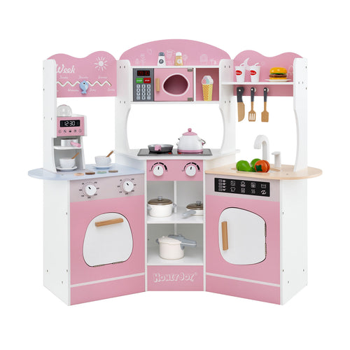Corner Wooden Play Kitchen with Coffee Machine and Slide for Kids, Pink