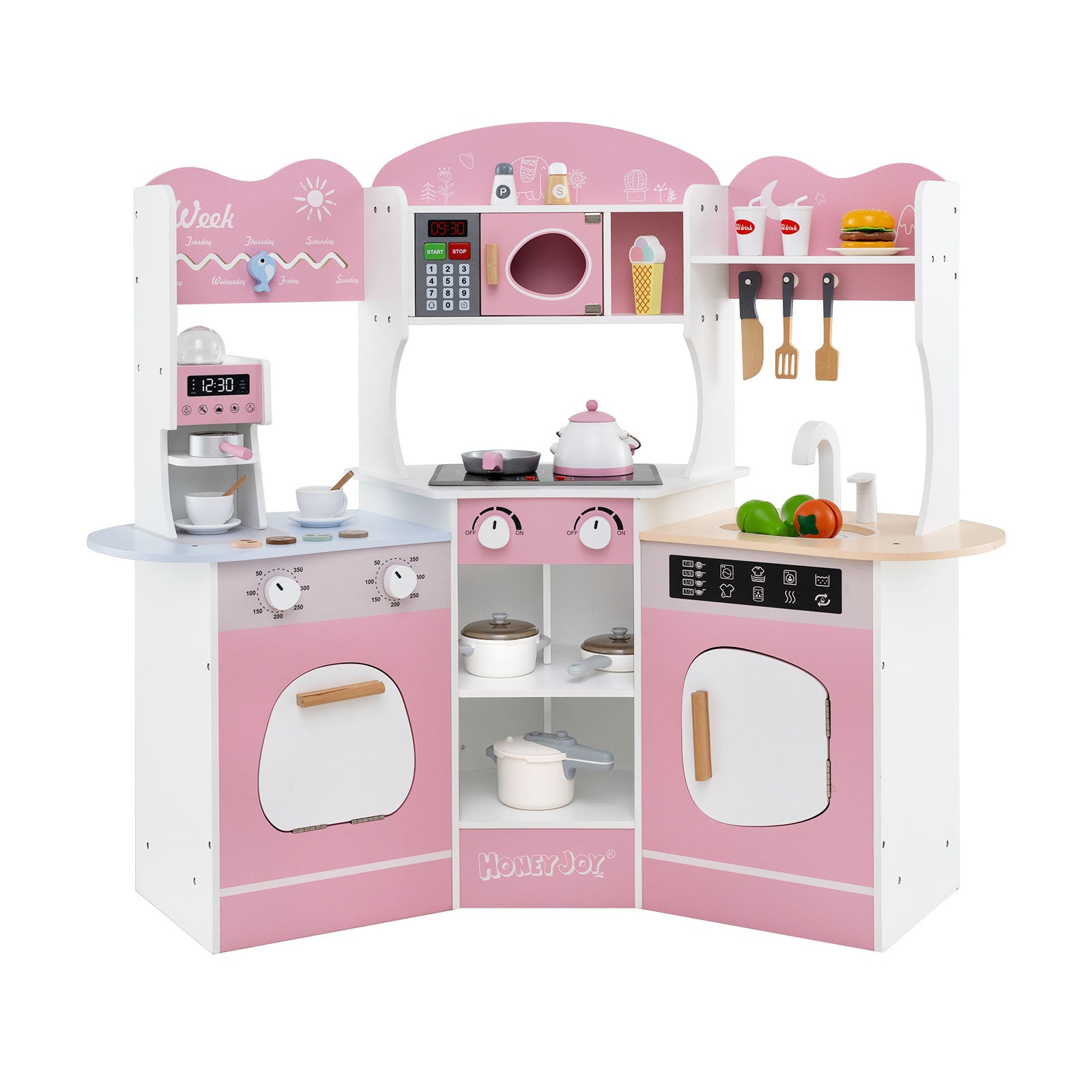 Corner Wooden Play Kitchen with Coffee Machine and Slide for Kids, Pink Play Kitchen Sets at Gallery Canada
