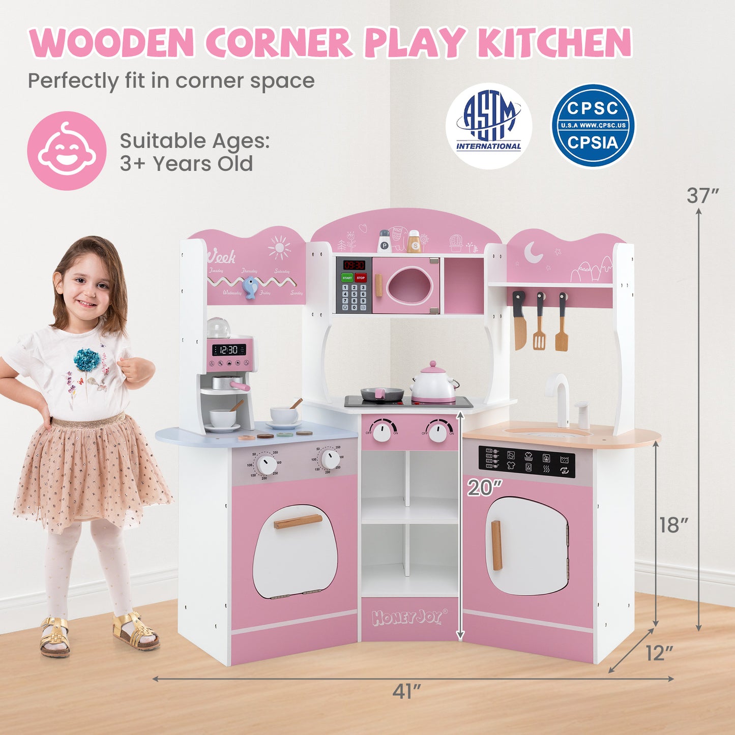 Corner Wooden Play Kitchen with Coffee Machine and Slide for Kids, Pink Play Kitchen Sets at Gallery Canada