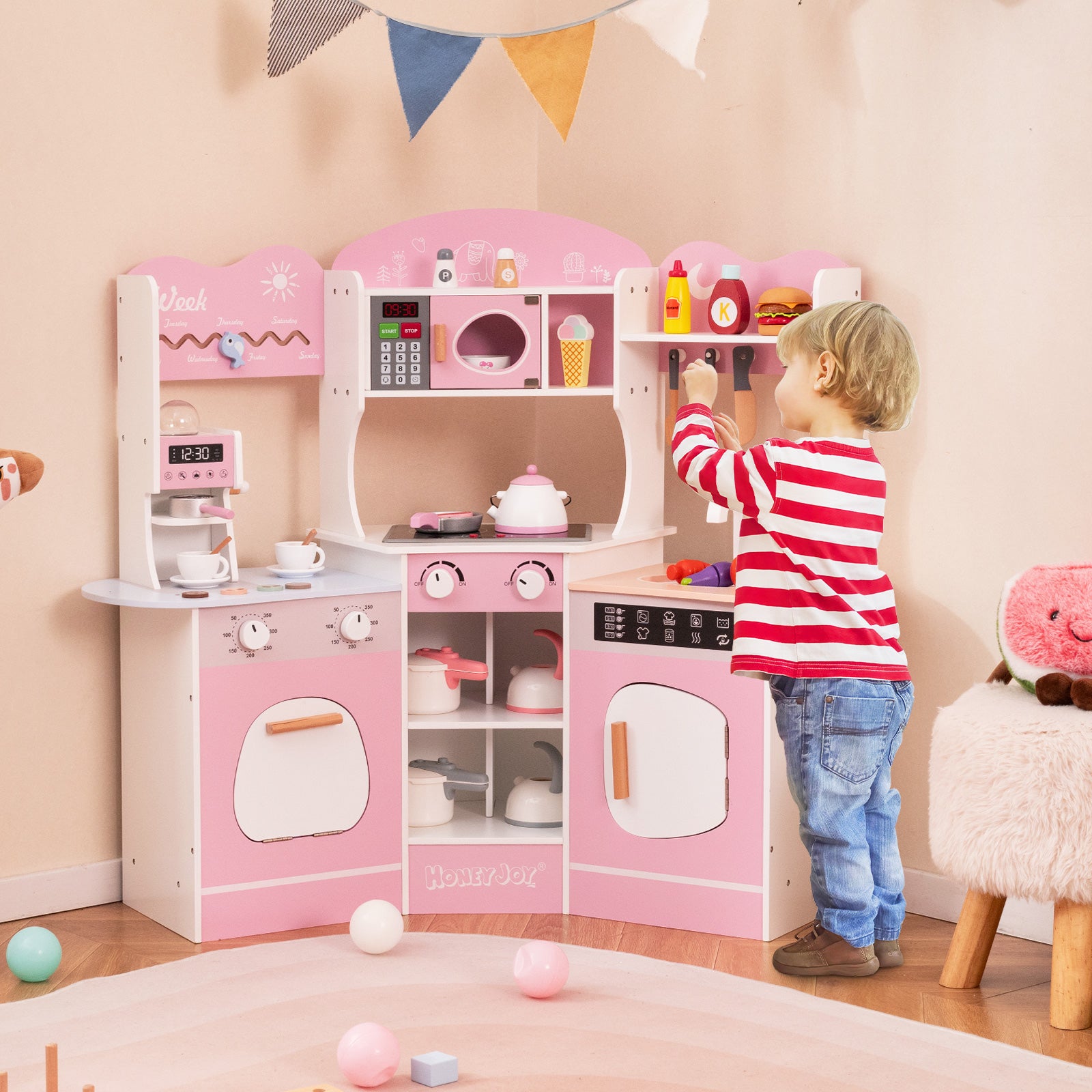 Corner Wooden Play Kitchen with Coffee Machine and Slide for Kids, Pink Play Kitchen Sets at Gallery Canada