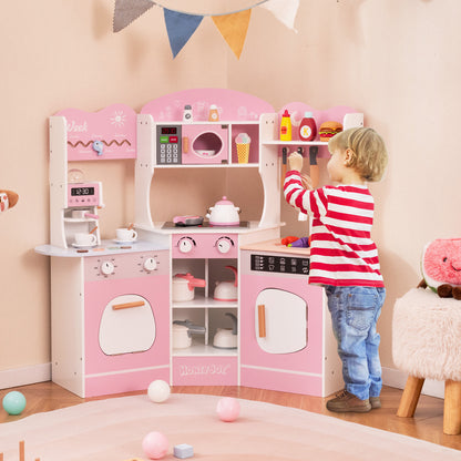 Corner Wooden Play Kitchen with Coffee Machine and Slide for Kids, Pink Play Kitchen Sets at Gallery Canada