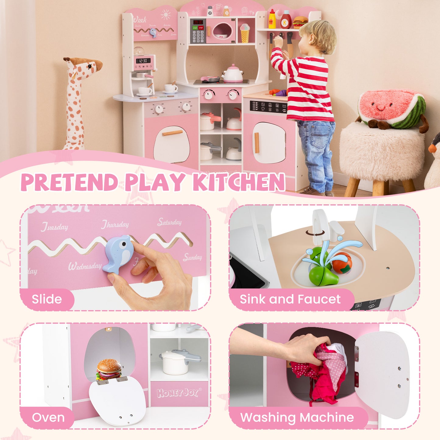Corner Wooden Play Kitchen with Coffee Machine and Slide for Kids, Pink Play Kitchen Sets at Gallery Canada