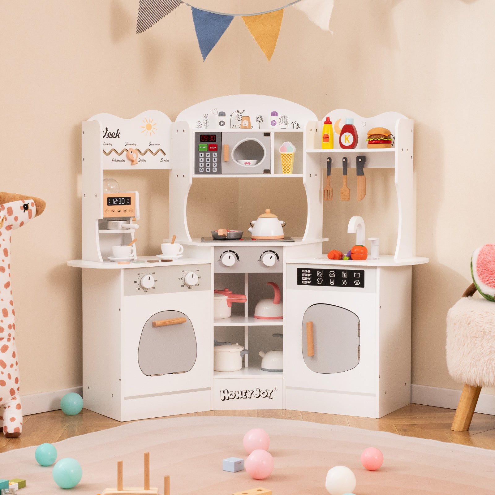 Corner Wooden Play Kitchen with Coffee Machine and Slide for Kids, White Play Kitchen Sets at Gallery Canada