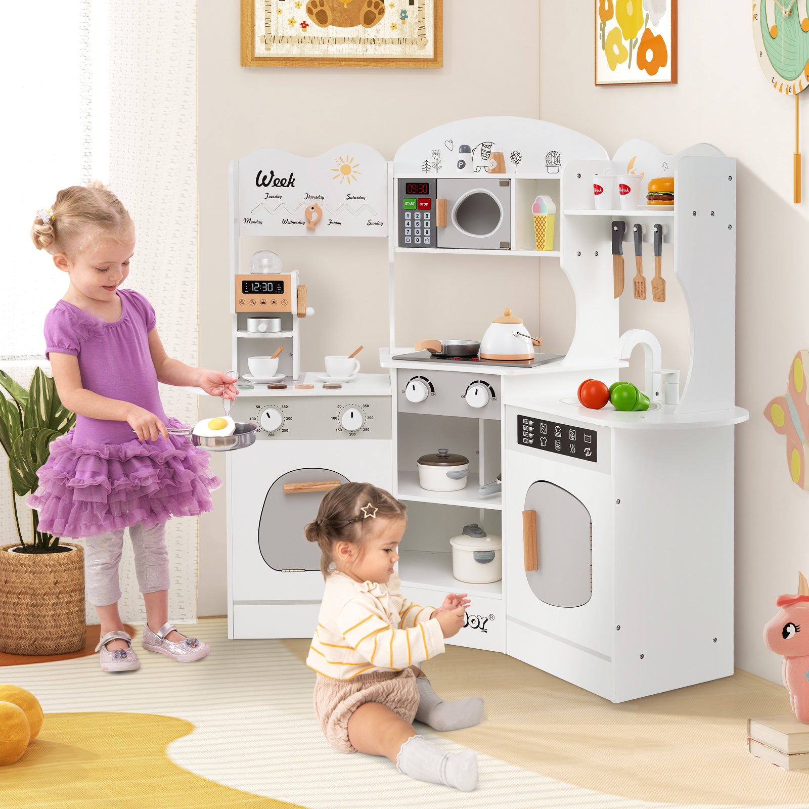 Corner Wooden Play Kitchen with Coffee Machine and Slide for Kids, White Play Kitchen Sets at Gallery Canada