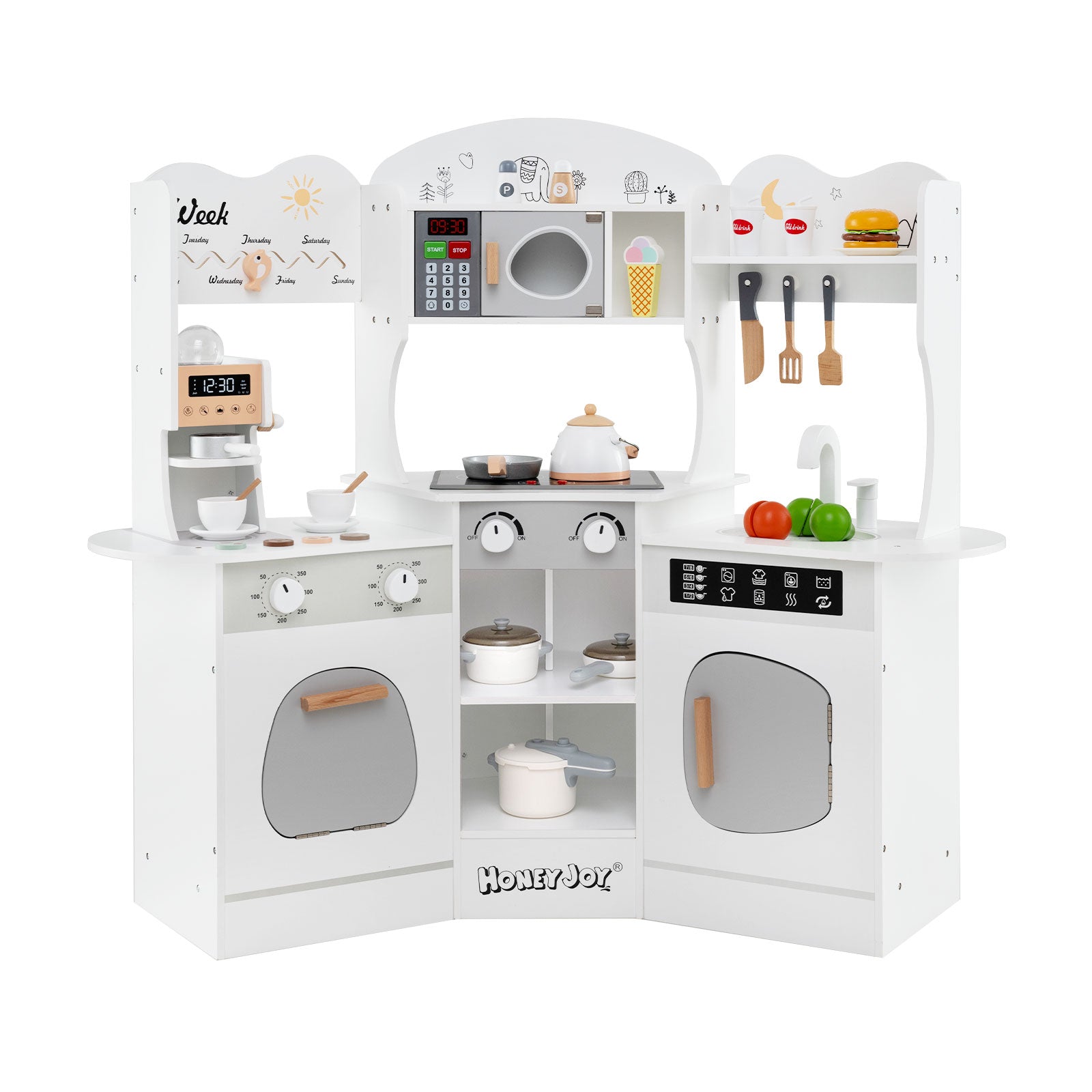 Corner Wooden Play Kitchen with Coffee Machine and Slide for Kids, White Play Kitchen Sets at Gallery Canada