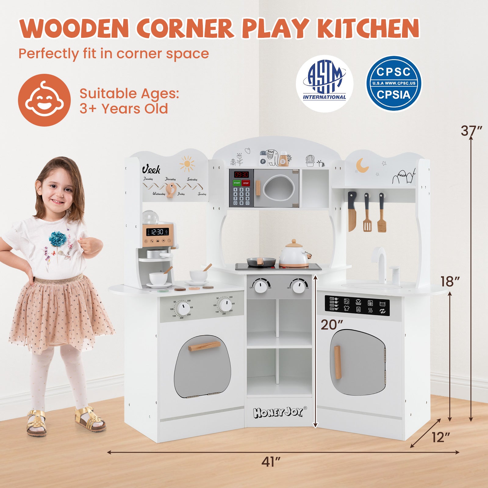 Corner Wooden Play Kitchen with Coffee Machine and Slide for Kids, White Play Kitchen Sets at Gallery Canada