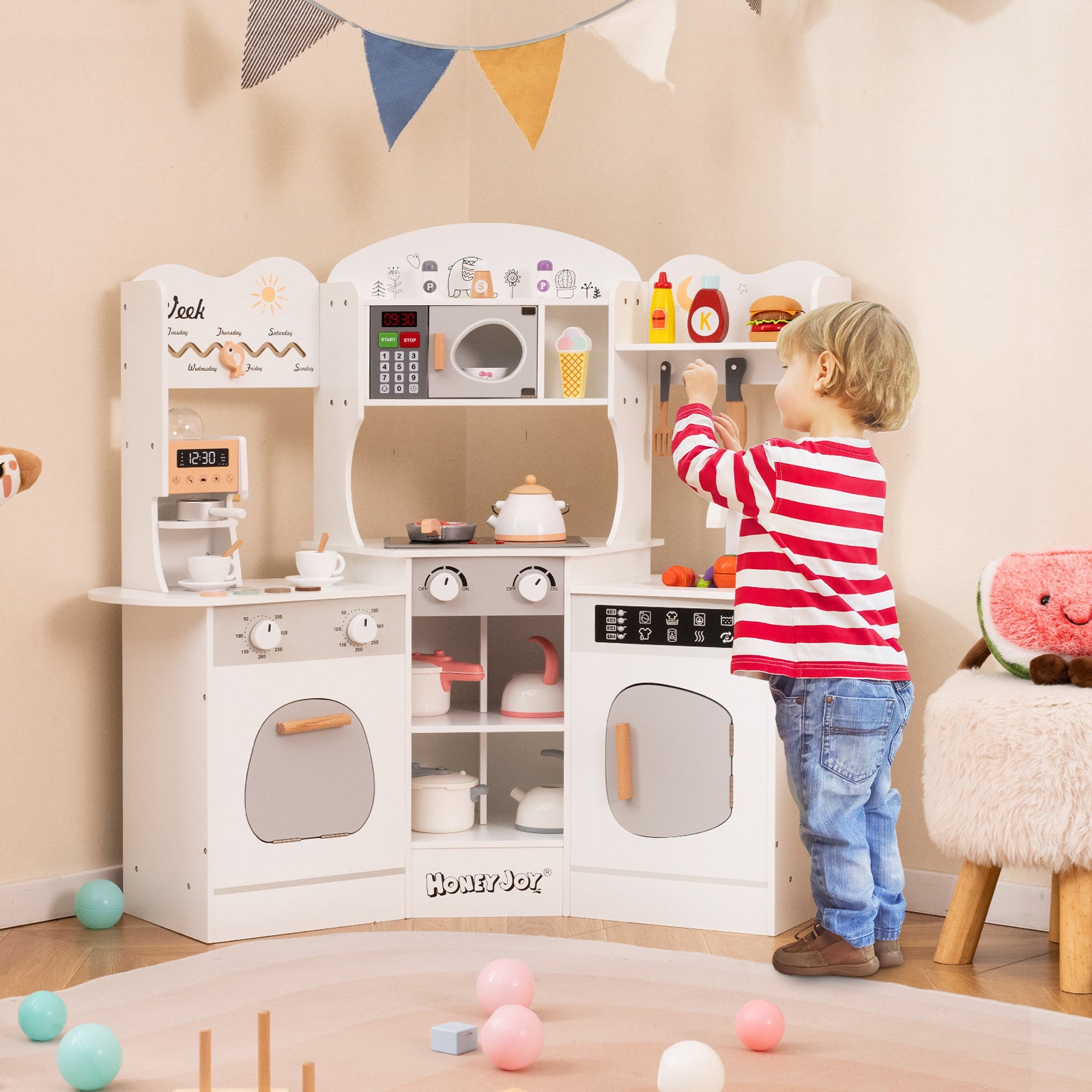 Corner Wooden Play Kitchen with Coffee Machine and Slide for Kids, White Play Kitchen Sets at Gallery Canada
