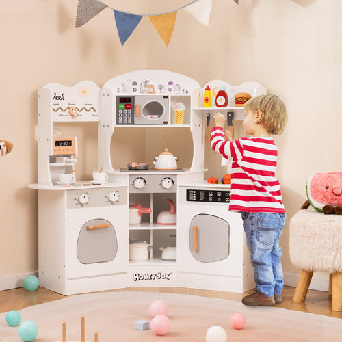 Corner Wooden Play Kitchen with Coffee Machine and Slide for Kids, White