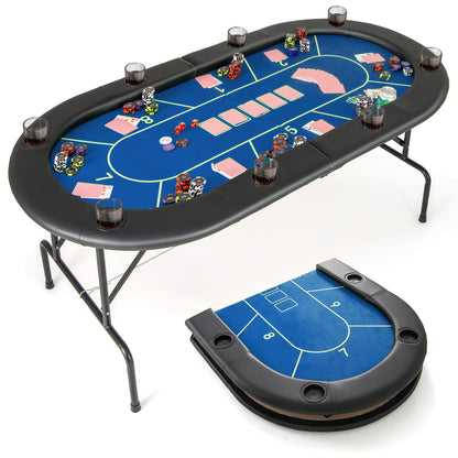 72 x 36 x 30.5 Inch Foldable Poker Table, 8 Cup Holders, Blue