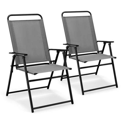 Set of 2 Outdoor Folding Sling Chairs with Armrest and Backrest, Gray