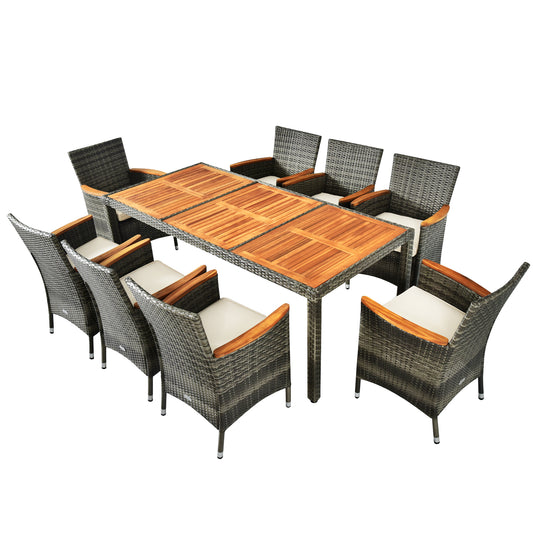 9-Piece Rattan Patio Dining Set, Acacia Wood Table, Cushioned Chairs, Gray Patio Dining Sets Gray at Gallery Canada