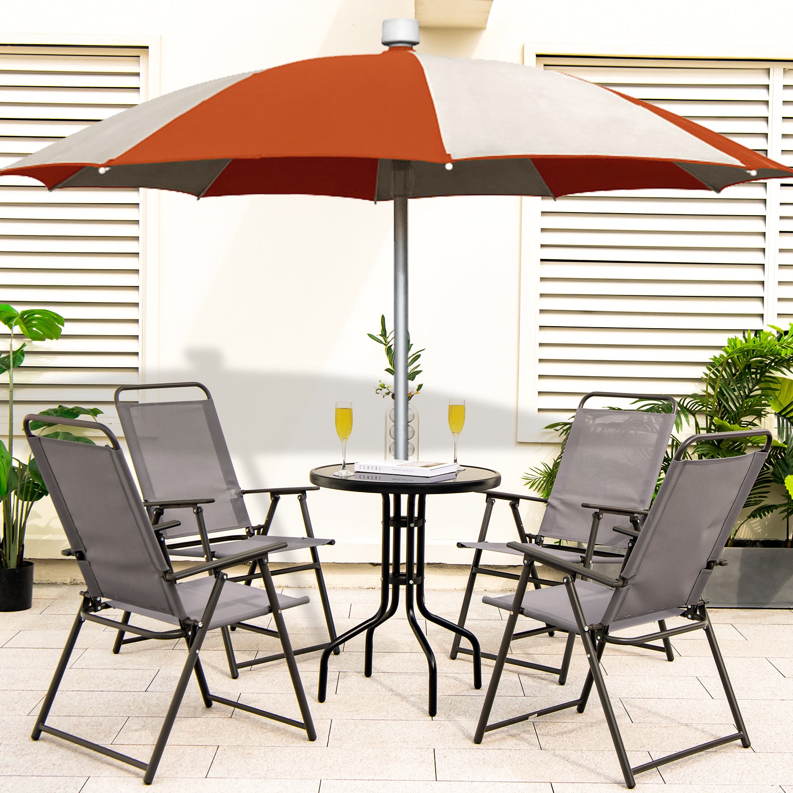 Outdoor Folding Sling Chairs Set of 4 with Armrest and Backrest, Gray Outdoor Seating & Patio Chairs at Gallery Canada