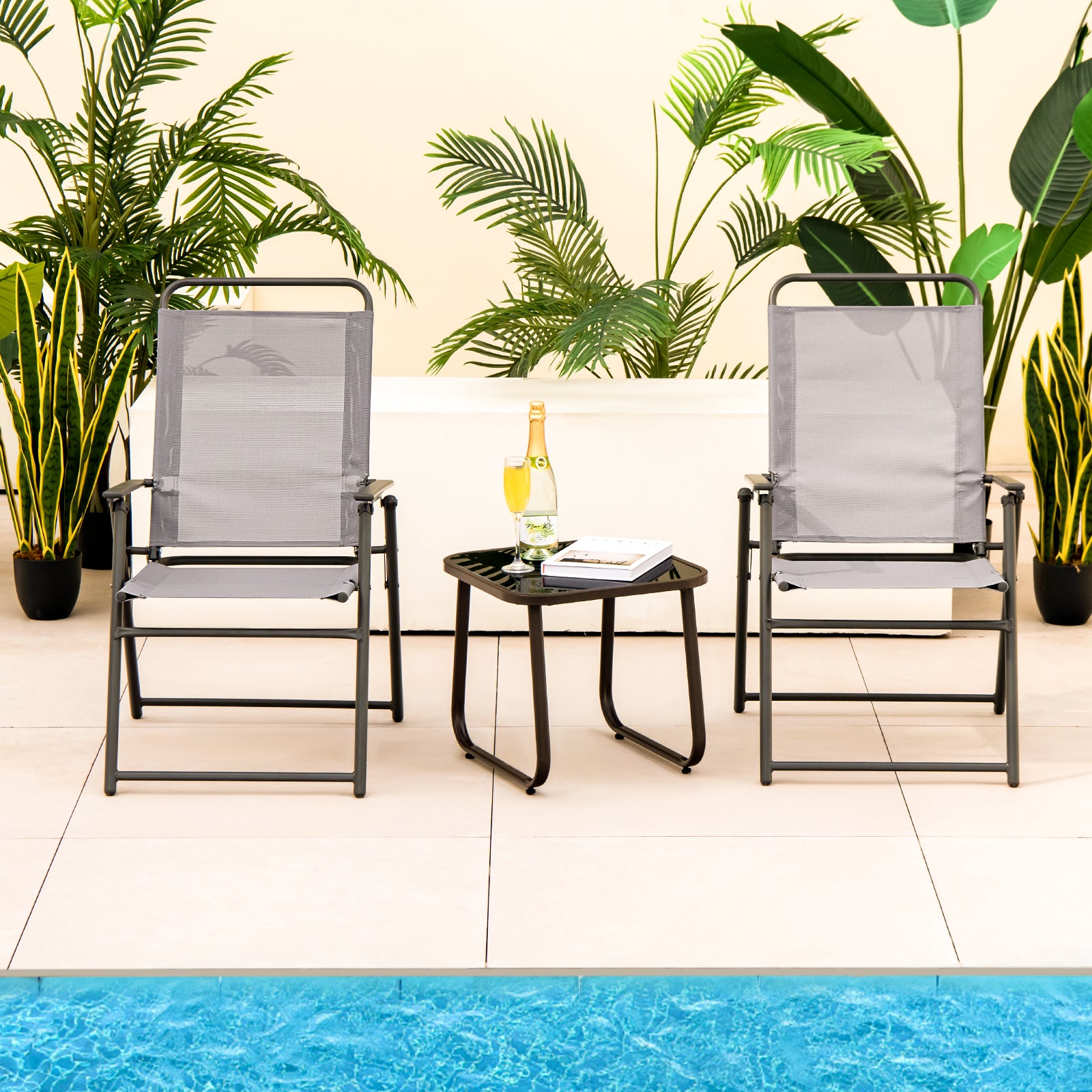 Outdoor Folding Sling Chairs Set of 4 with Armrest and Backrest, Gray Outdoor Seating & Patio Chairs at Gallery Canada