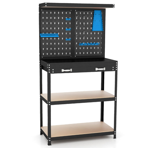 Tool Storage Workbench with Pegboard with 14 Hanging Accessories for Garage-Black and Blue, Blue