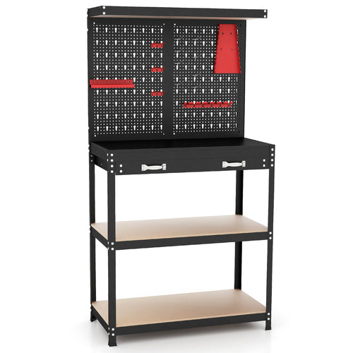 Tool Storage Workbench with Pegboard with 14 Hanging Accessories for Garage-Black and Red, Red