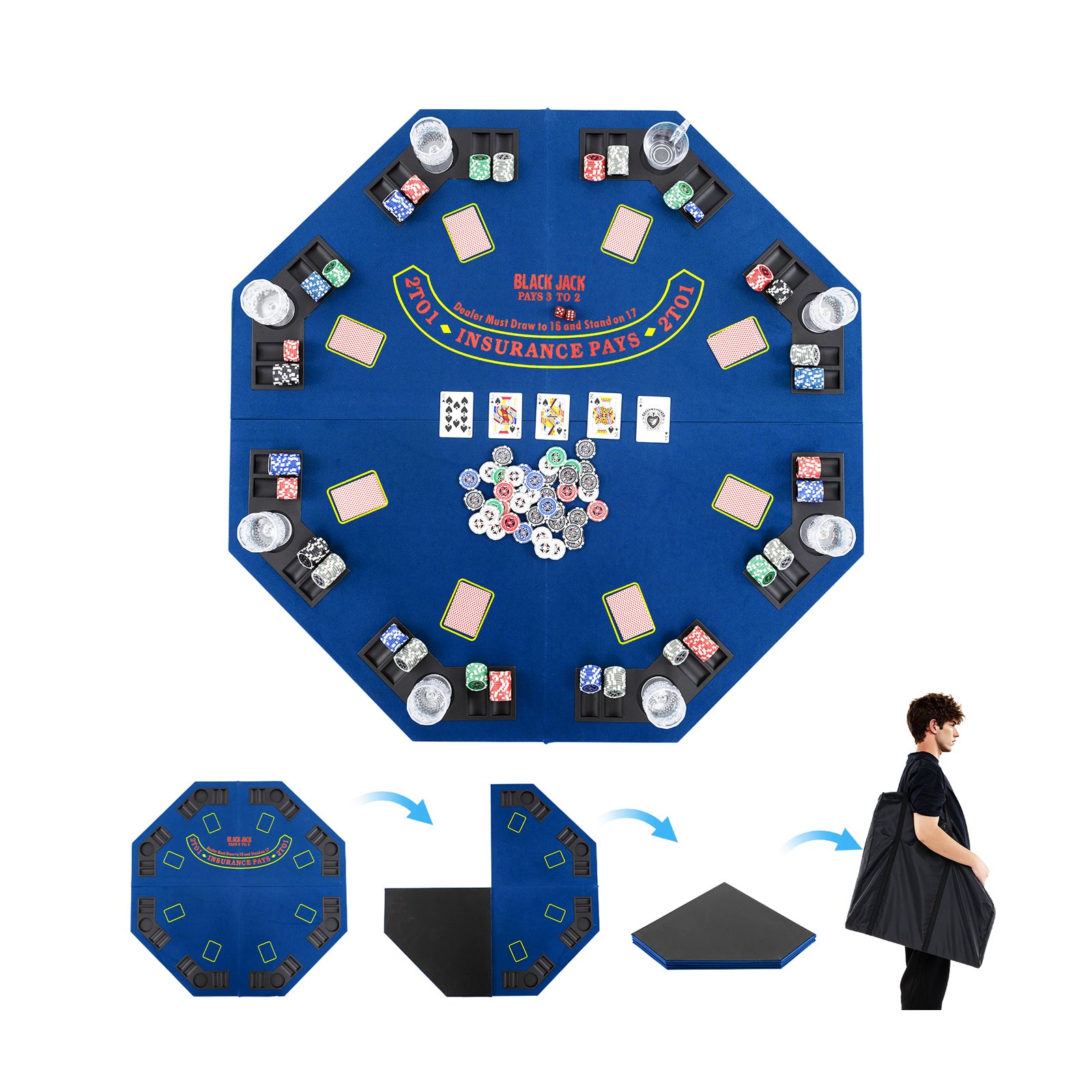 48 Inch 8-Player Foldable Poker Table Top with Carrying Bag and Cup Holders, Blue Game Room at Gallery Canada