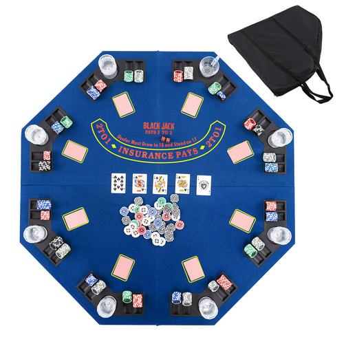48 Inch Foldable Poker Table Top, 8-Player, Carrying Bag, Cup Holders, Blue