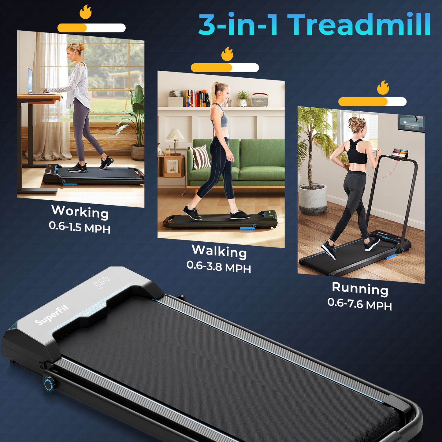 3 in 1 Folding Treadmill with Remote Control and LED Display, Blue Treadmills at Gallery Canada