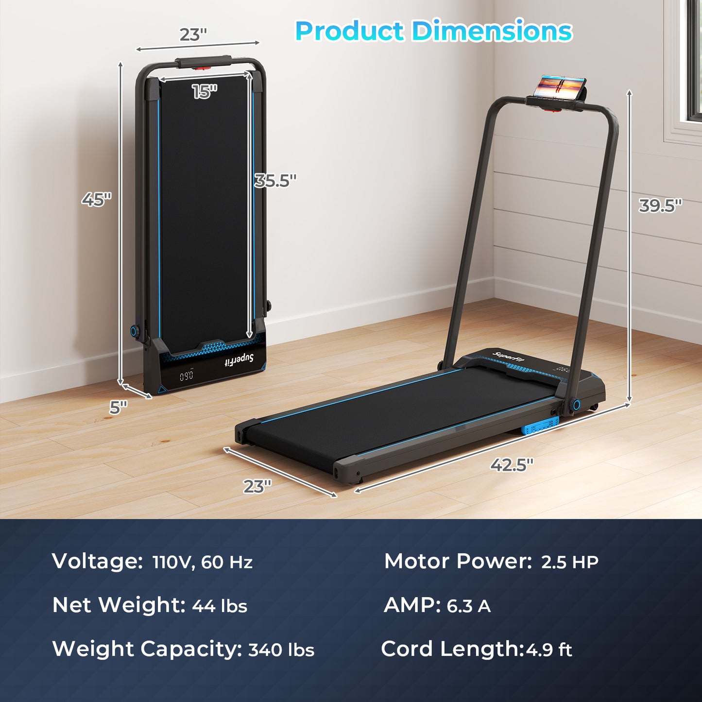 3 in 1 Folding Treadmill with Remote Control and LED Display, Blue Treadmills at Gallery Canada