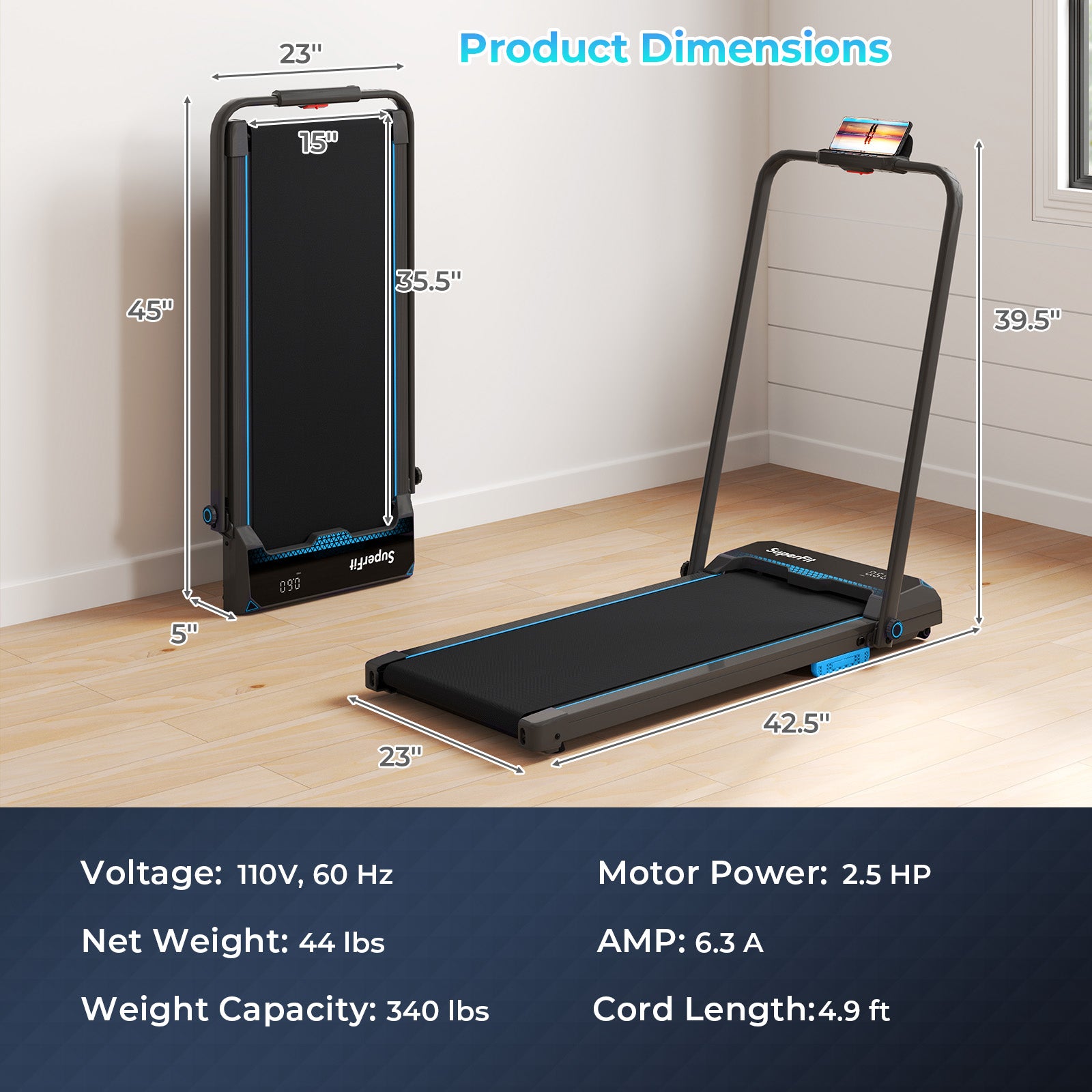 3 in 1 Folding Treadmill with Remote Control and LED Display, Blue Treadmills at Gallery Canada