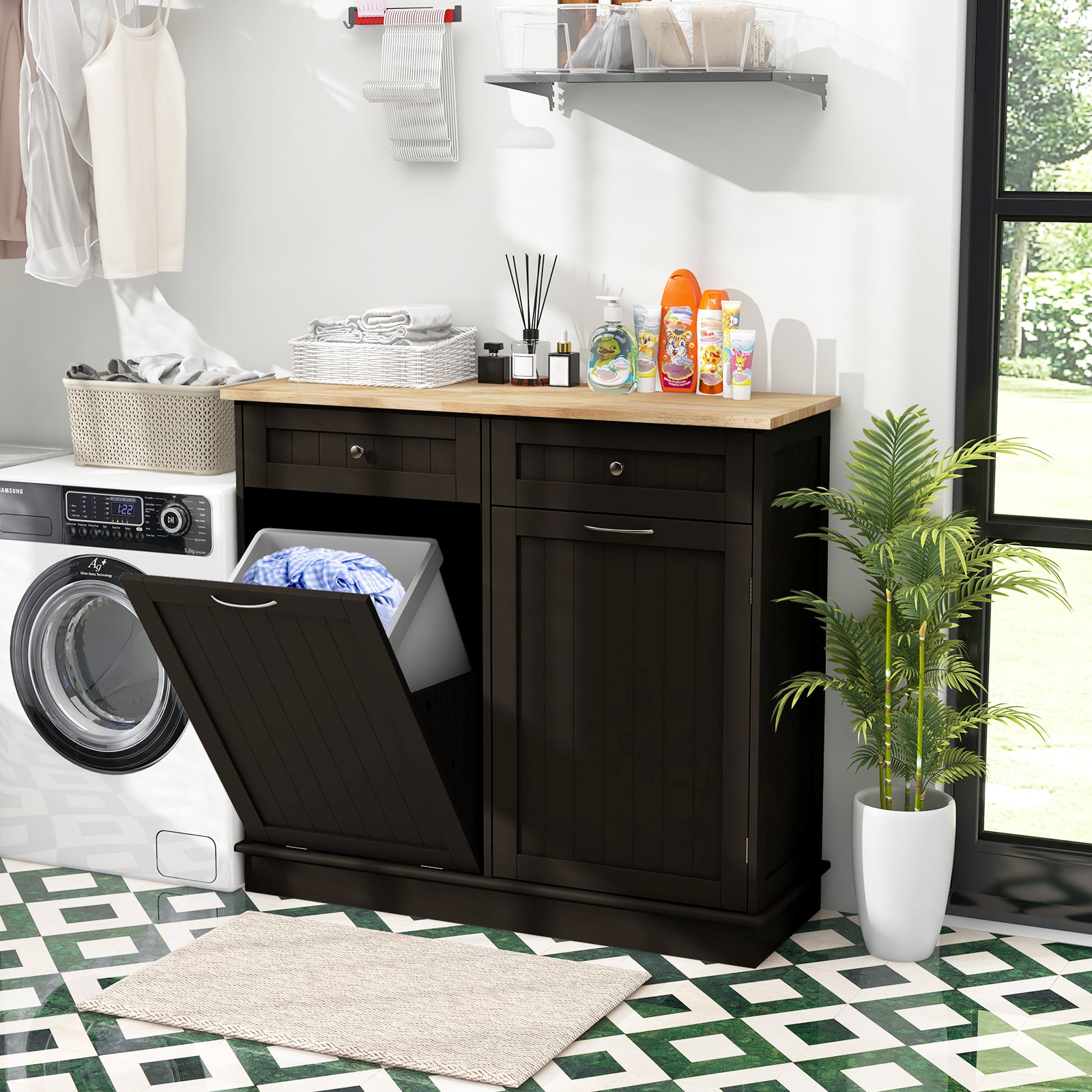 Kitchen Tilt Out Trash Cabinet with 2 Drawers and Adjustable Shelf, Brown Kitchen Islands & Carts at Gallery Canada