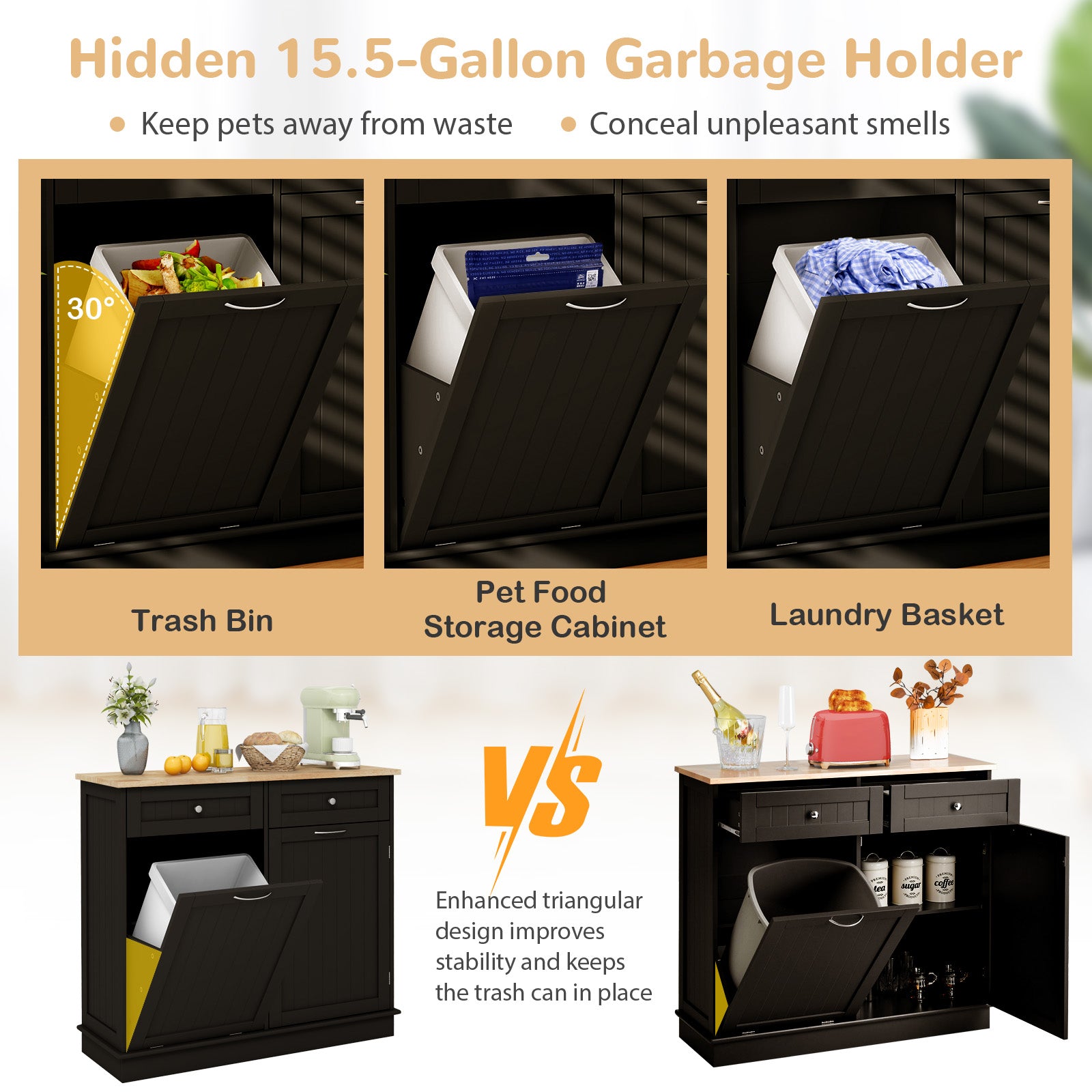 Kitchen Tilt Out Trash Cabinet with 2 Drawers and Adjustable Shelf, Brown Kitchen Islands & Carts at Gallery Canada