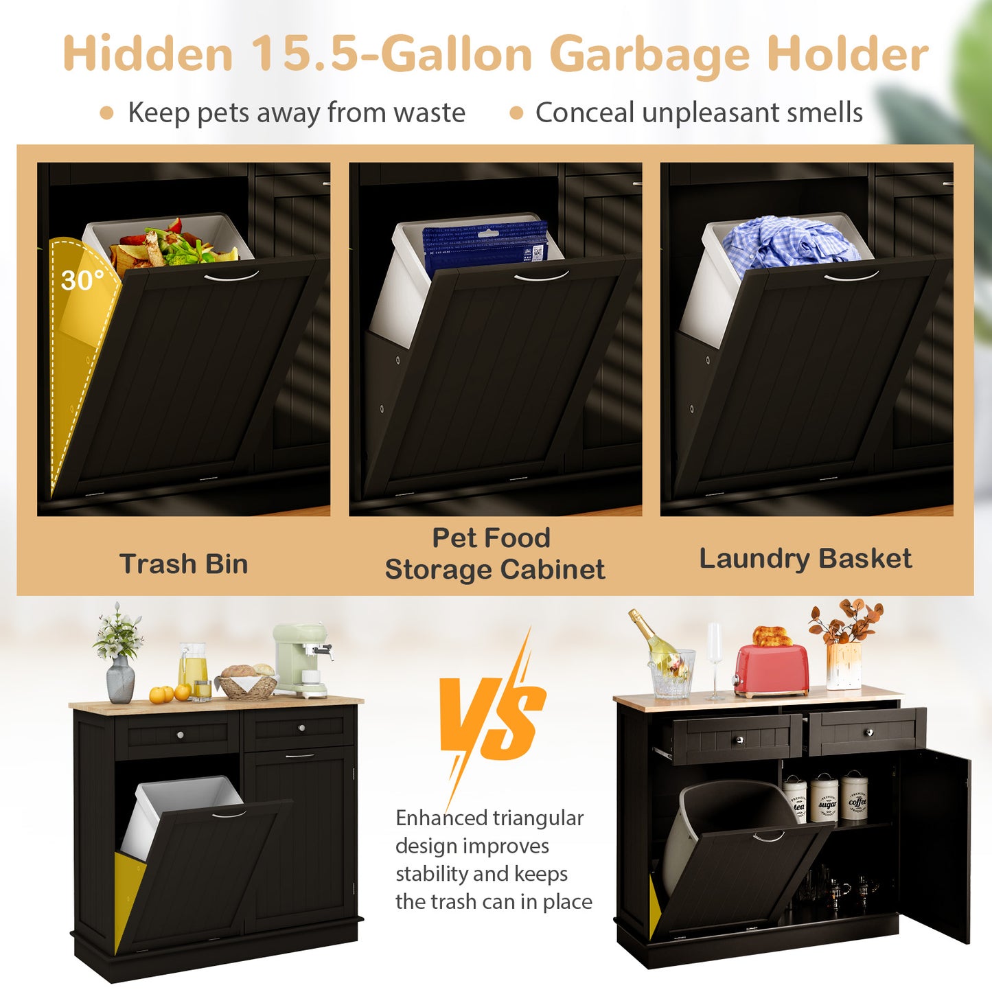 Kitchen Tilt Out Trash Cabinet with 2 Drawers and Adjustable Shelf, Brown Kitchen Islands & Carts at Gallery Canada