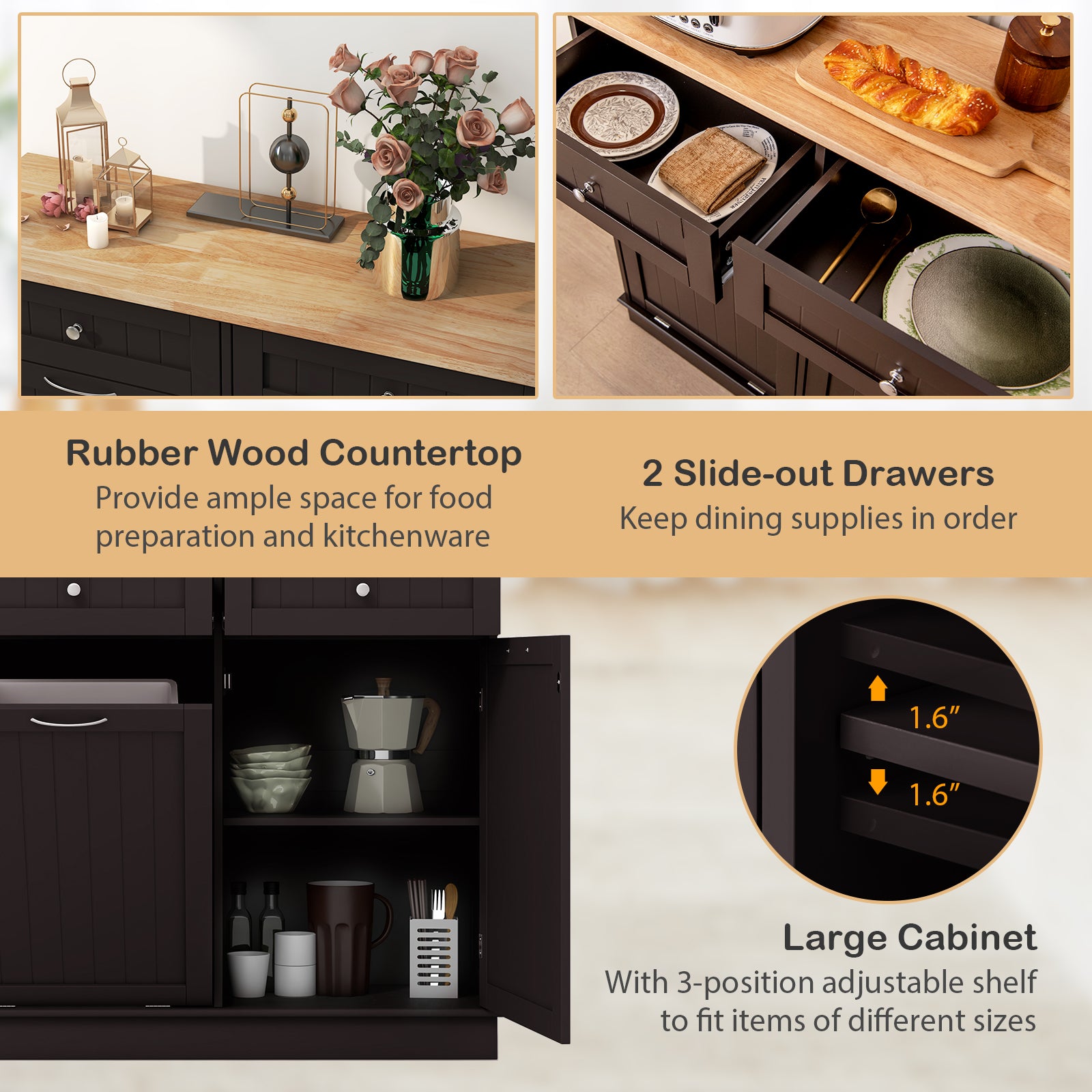 Kitchen Tilt Out Trash Cabinet with 2 Drawers and Adjustable Shelf, Brown Kitchen Islands & Carts at Gallery Canada